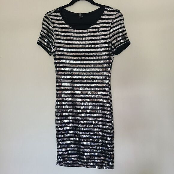 Forever 21 Black Striped Sequin Bodycon Dress Women's Size Medium - Picture 1 of 8